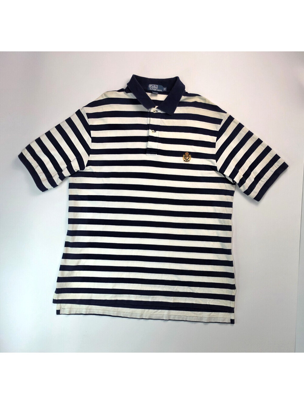Polo Ralph Lauren Vintage Navy Blue White Striped Crown Crest Logo Shirt Men XLT